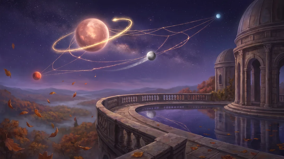 Herbstliche Sternwarte bei Nacht, darüber Planeten, die goldene Lichtfäden verbinden, als Sinnbild für die Konstellationen im Oktober