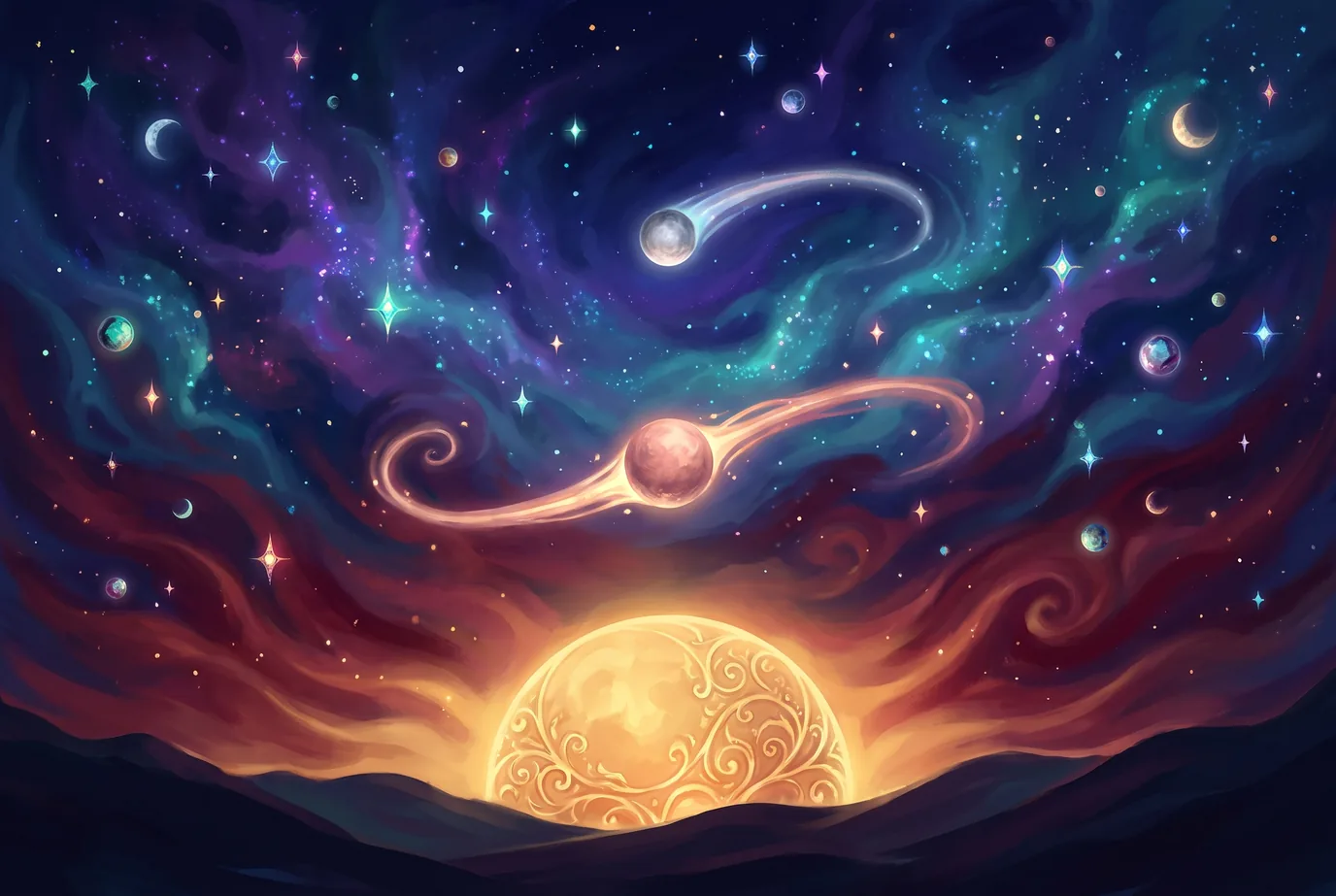 Eine goldene Sonne geht über den Hügeln auf, davor ziehen ein rosé schimmernder und ein silberner Planet, deren Lichtspuren sich nach hinten zurückbiegen