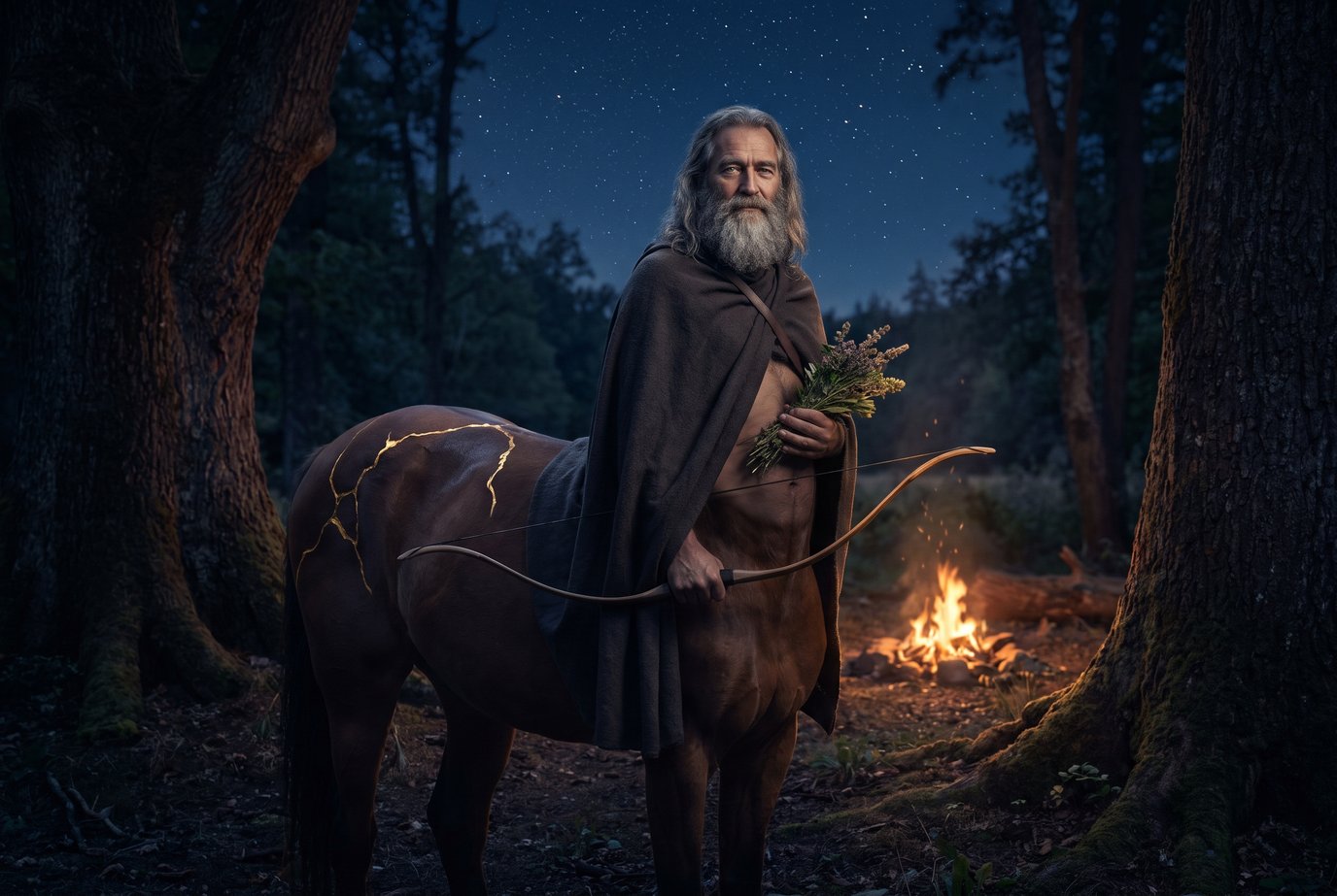 Weiser Zentaur mit grauem Bart im nächtlichen Wald, eine alte Narbe auf seiner Flanke mit Gold gefüllt, in den Händen Heilkräuter und ein gesenkter Bogen, hinter ihm ein Lagerfeuer