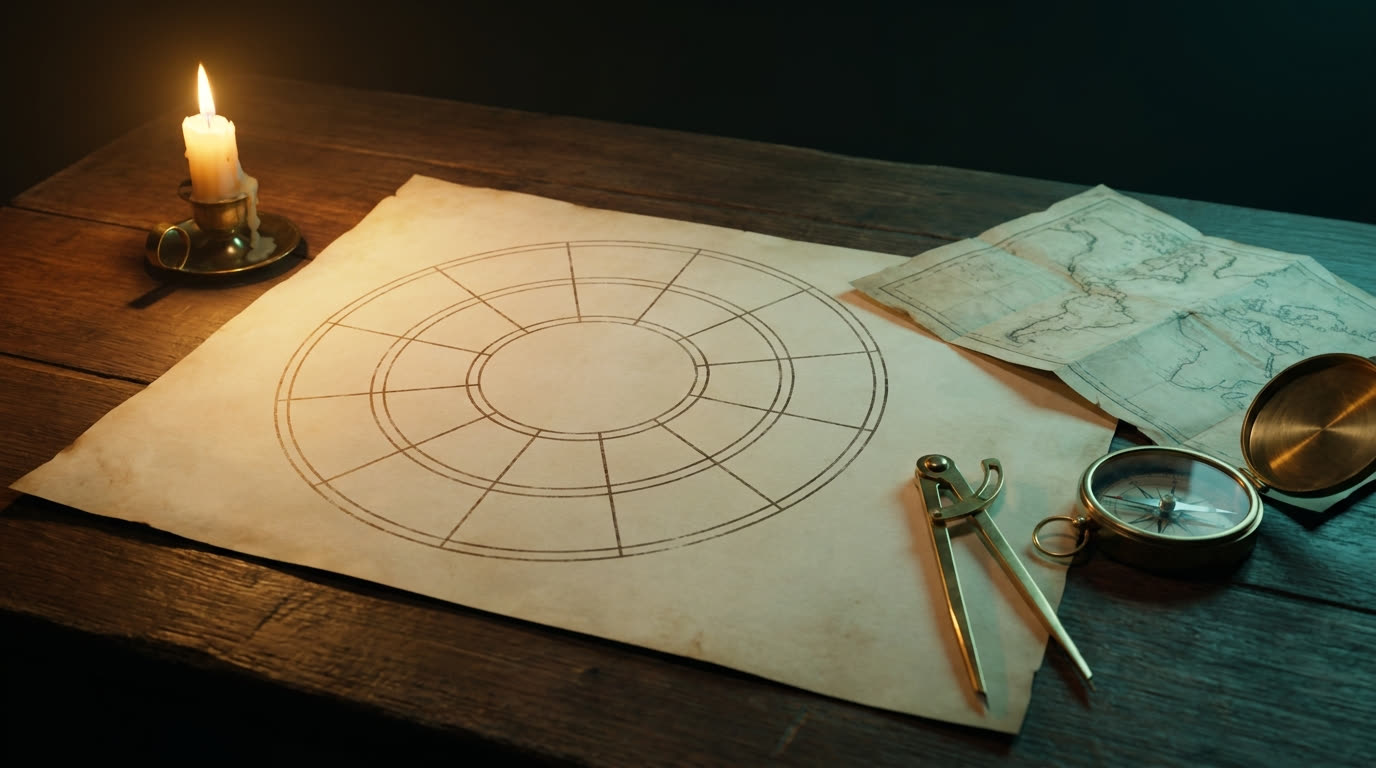 Handgezeichnetes Kreisdiagramm auf Pergament neben Zirkel, Kompass und einer alten Landkarte
