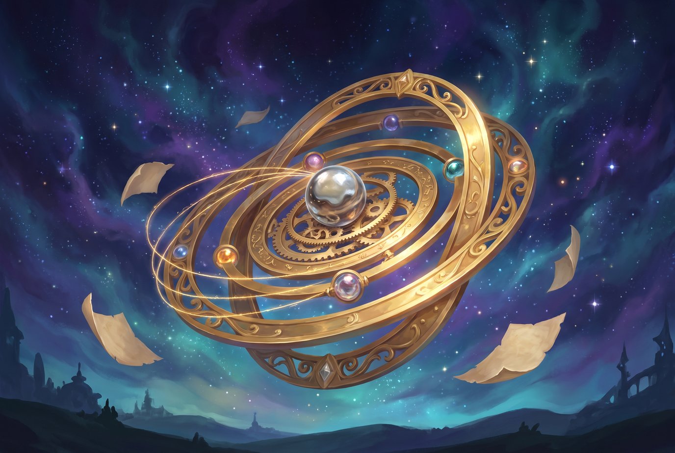 Goldenes Räderwerk mit silbernem Planeten in der Mitte vor einem violett und türkis leuchtenden Sternenhimmel, goldene Lichtfäden kreisen zurück, leere Blätter fliegen umher