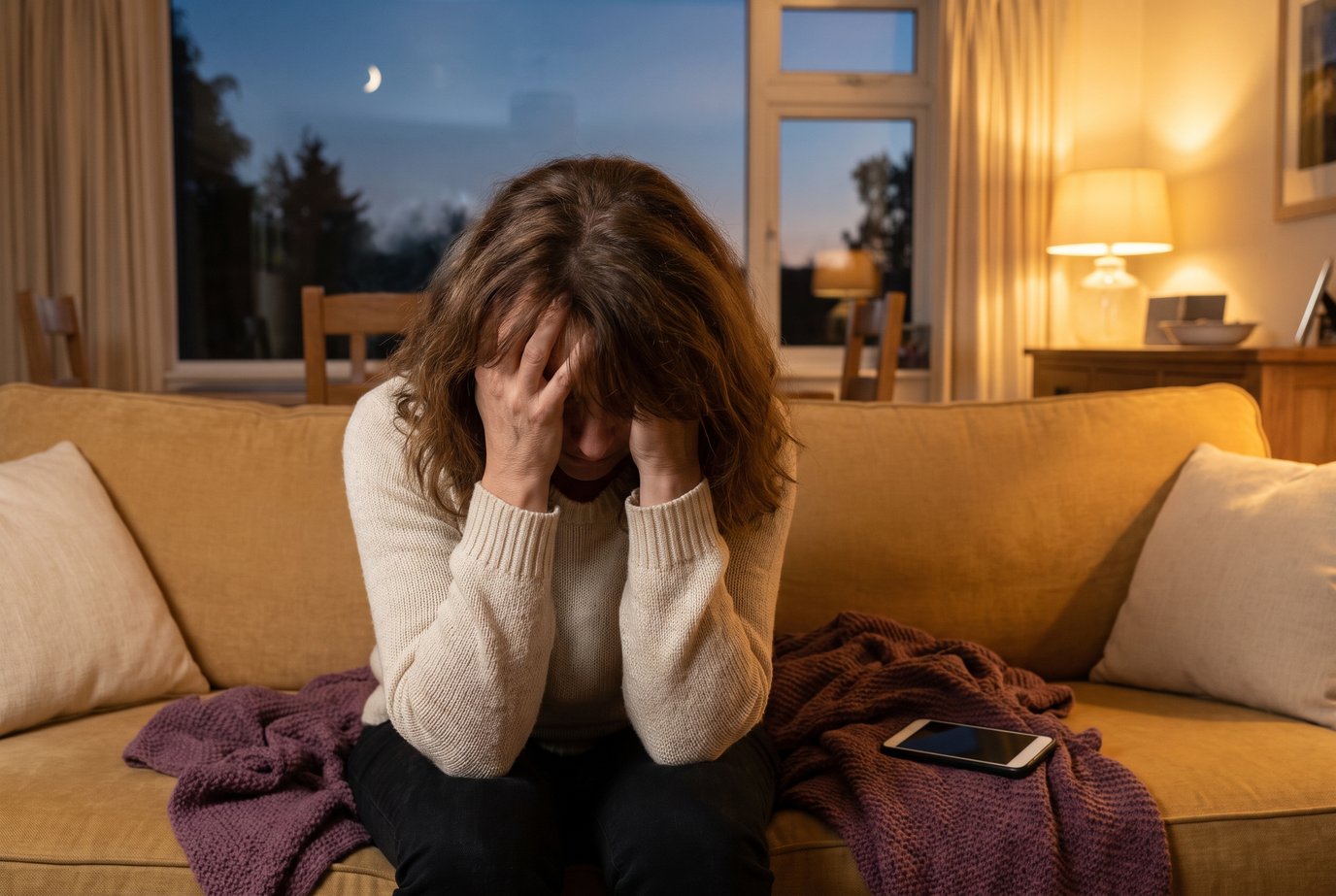 Erschöpfte Frau sitzt am Abend auf dem Sofa, die Ellbogen auf den Knien und die Hände an der Stirn, neben ihr eine Strickdecke und ein Handy mit dunklem Bildschirm, im Fenster eine schmale Mondsichel