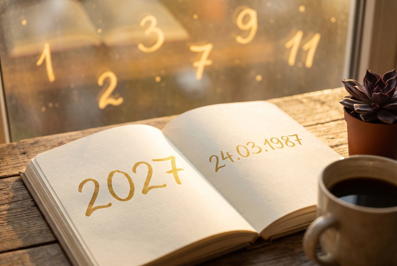 Aufgeschlagenes Notizbuch am Fenster in der Abendsonne, links steht in Goldschrift 2027, rechts das Geburtsdatum 24.03.1987, dahinter leuchten Zahlen an der Scheibe