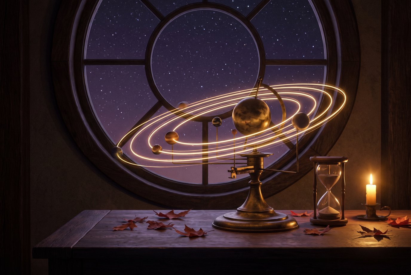 Antikes Planetarium aus Messing vor einem runden Sternwartenfenster, die kleinen Planeten ziehen goldene Lichtschleifen, daneben eine Sanduhr, eine Kerze und Herbstblätter