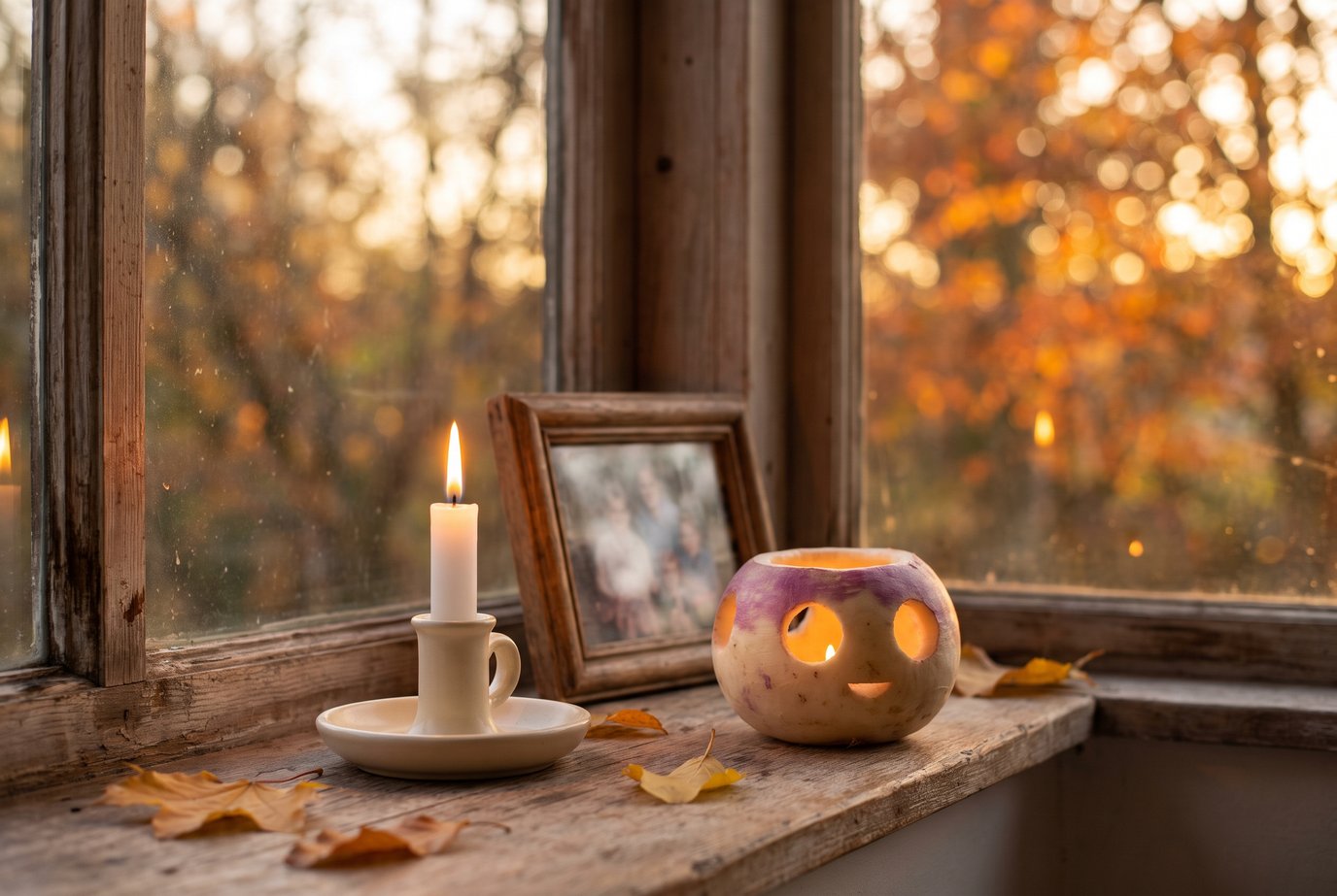 Brennende Kerze auf einer alten Holzfensterbank, daneben ein gerahmtes altes Familienfoto und eine ausgehöhlte Rübe mit Licht, draußen leuchtet goldenes Herbstlaub in der Dämmerung