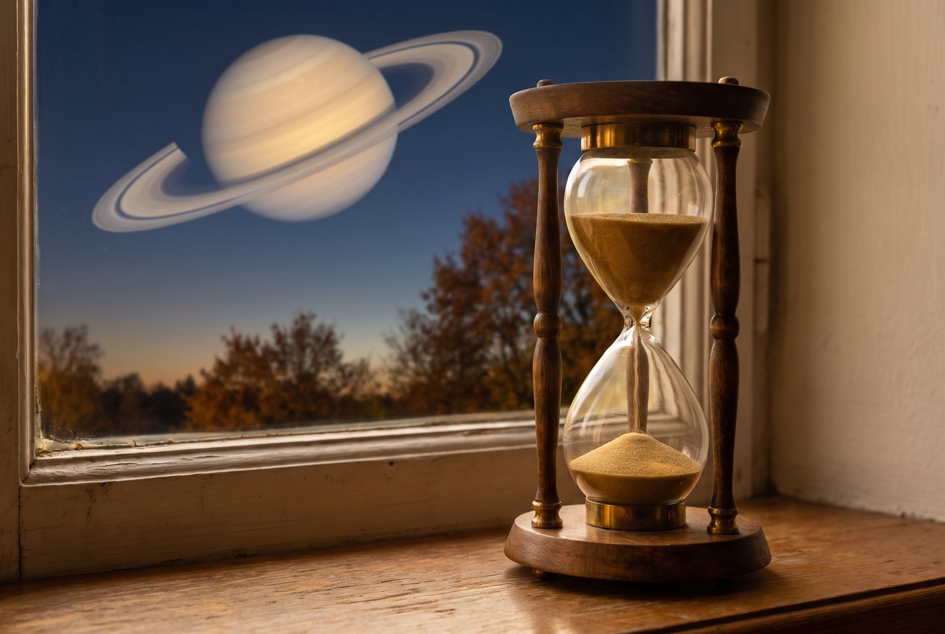 Alte Sanduhr aus Holz und Messing auf einer Fensterbank im warmen Abendlicht, draußen am Dämmerungshimmel der Planet Saturn mit seinen Ringen über Herbstbäumen