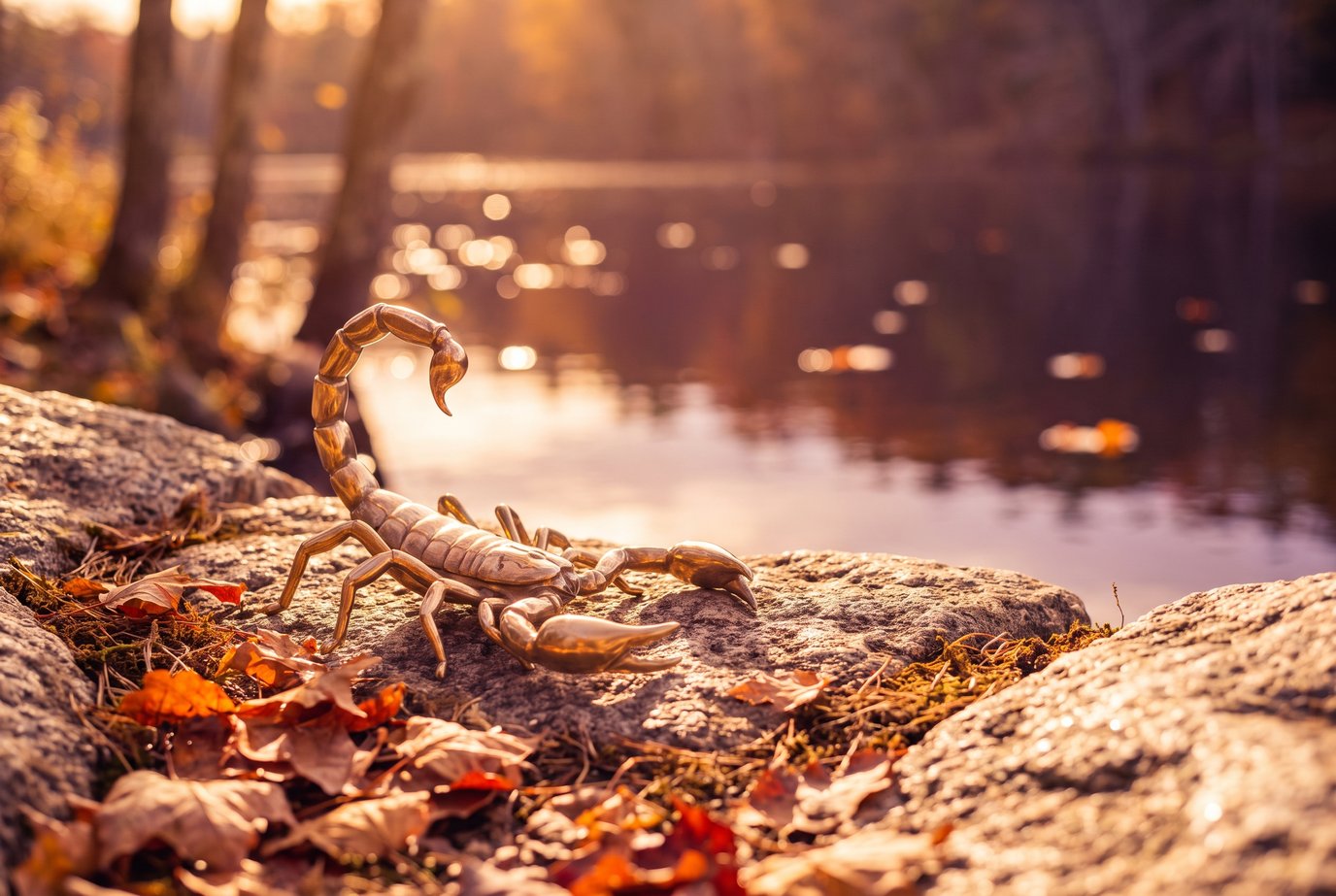 Skorpion aus Messing auf einem sonnenwarmen Felsen am Seeufer zwischen Herbstlaub, dahinter glitzert der See im goldenen Abendlicht