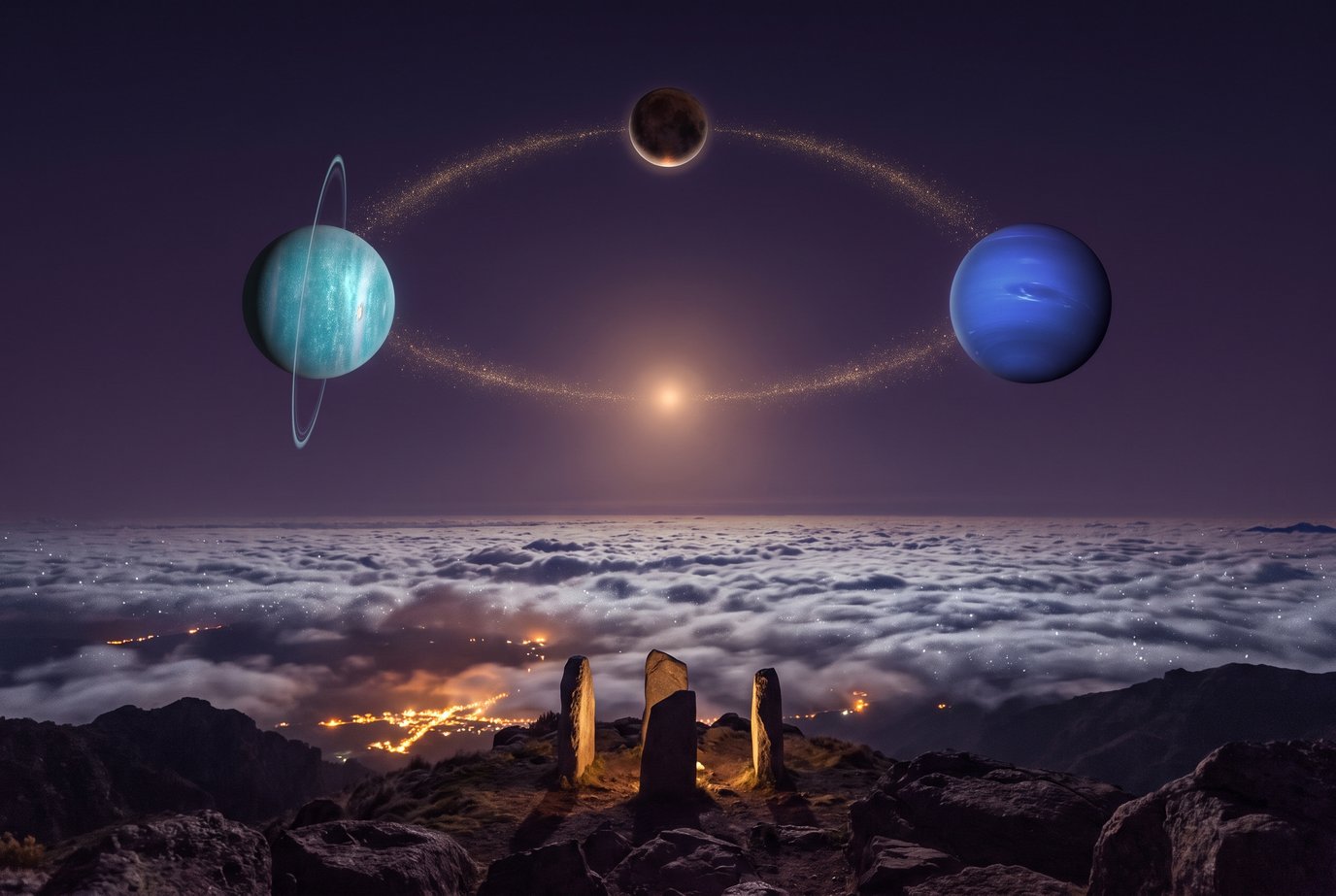 Drei Planeten am Nachthimmel über einem Wolkenmeer, verbunden durch Bänder aus goldenem Sternenstaub, im Vordergrund ein Steinkreis auf einem Berggipfel, tief unten die Lichter von Städten
