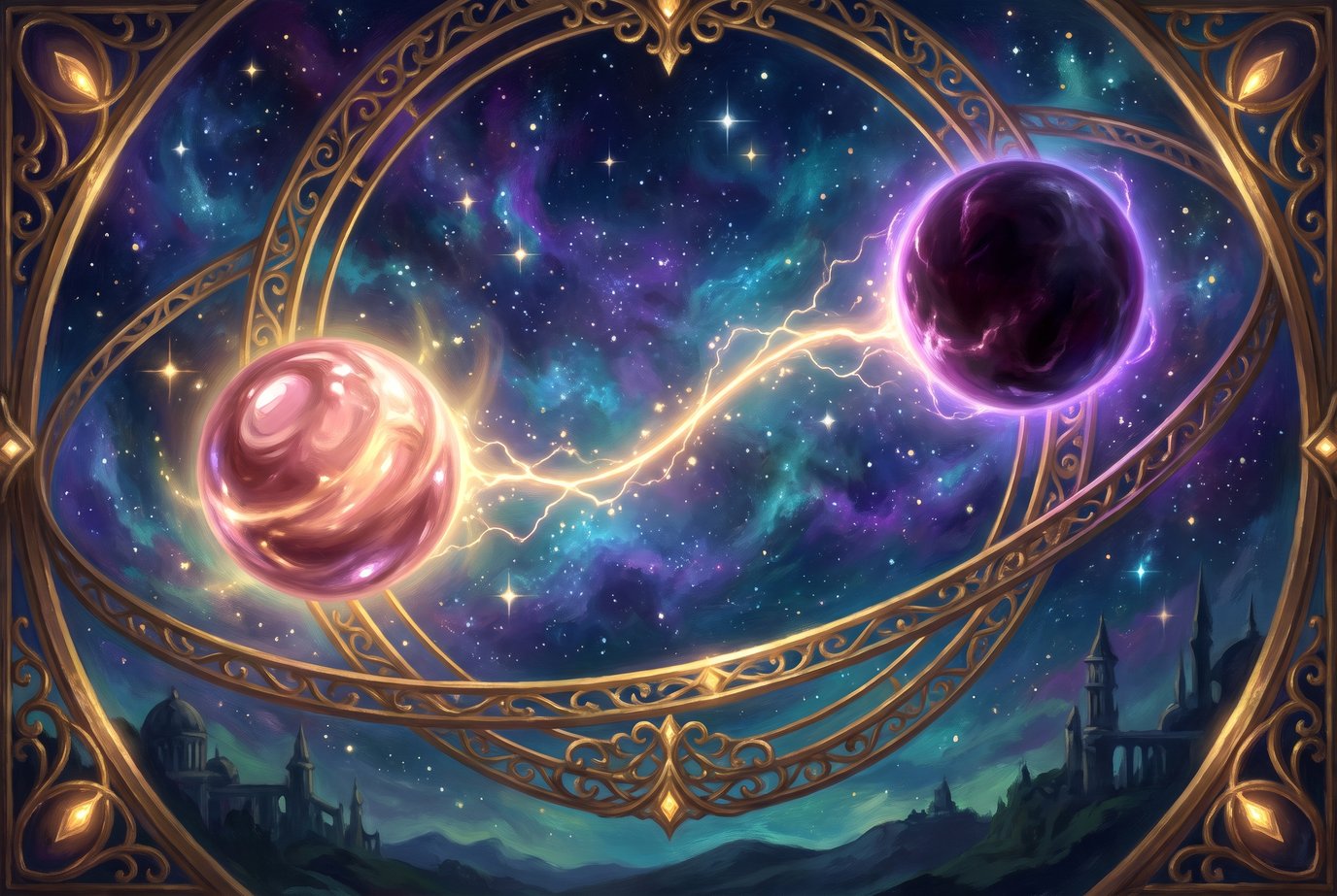 Eine rosé schimmernde Venus und ein dunkler, violett umrandeter Pluto stehen sich im Sternenhimmel gegenüber, zwischen ihnen knistert ein goldener Lichtbogen