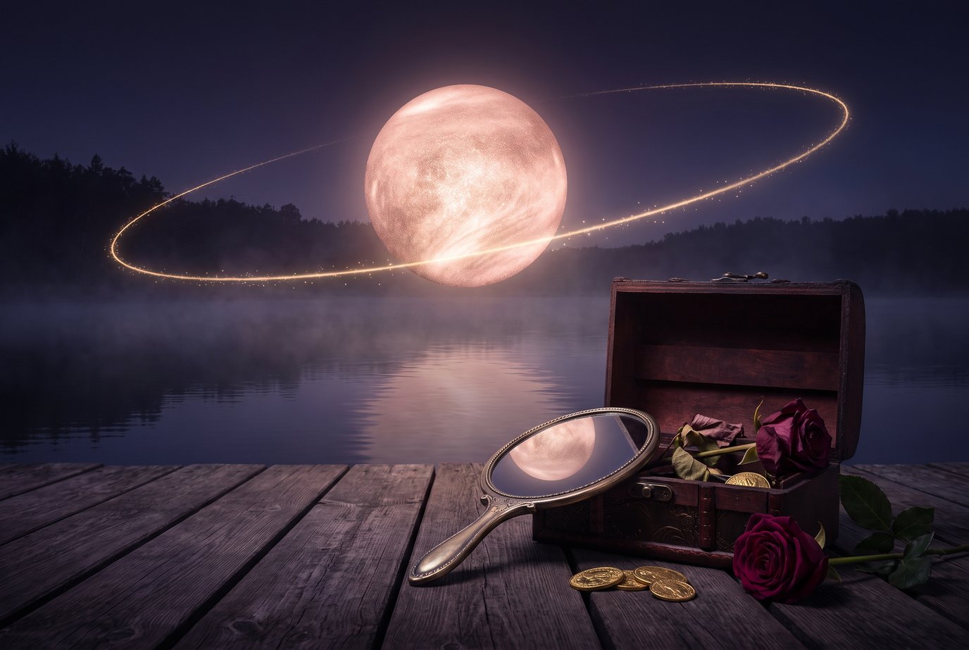 Roségold leuchtende Venus über einem nächtlichen See mit einer goldenen Lichtschleife am Himmel, auf dem Steg ein Handspiegel, in dem sich die Venus spiegelt, ein altes Kästchen, rote Rosen und Goldmünzen