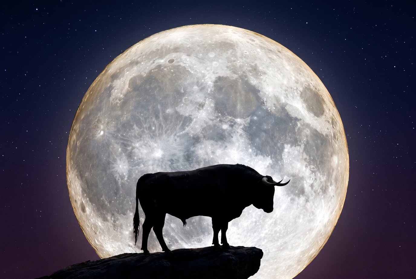 Schwarze Silhouette eines Stiers auf einem Felsvorsprung vor einem riesigen, hell leuchtenden Vollmond am sternklaren Nachthimmel