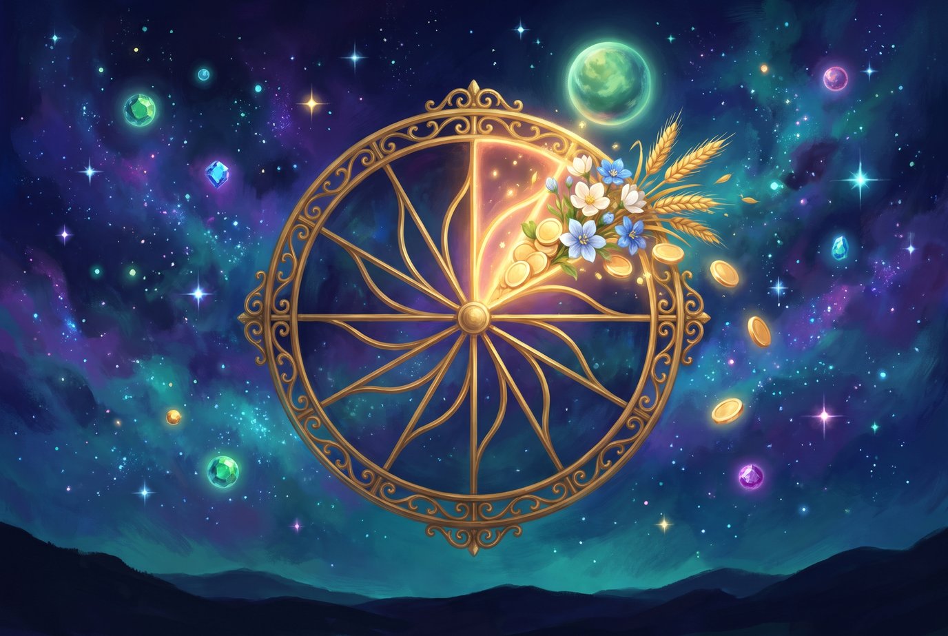Goldenes Rad im Sternenhimmel, aus einem leuchtenden Feld quellen goldene Münzen, Blüten und Weizenähren, darüber ein grün schimmernder Planet