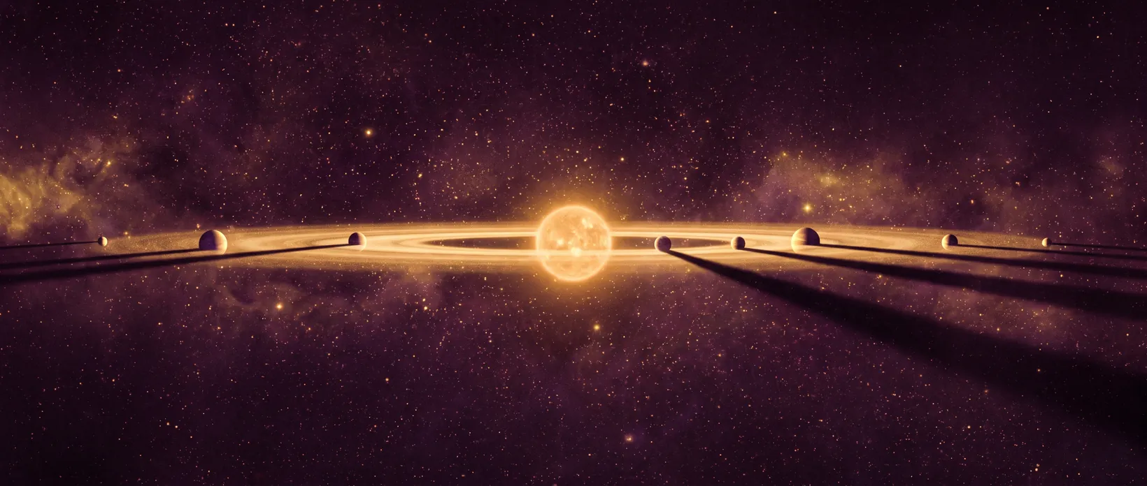 Blick von außen auf die Bahnebene eines Planetensystems: die Sonne in der Mitte, die Planeten auf einer flachen Scheibe - der Ekliptik