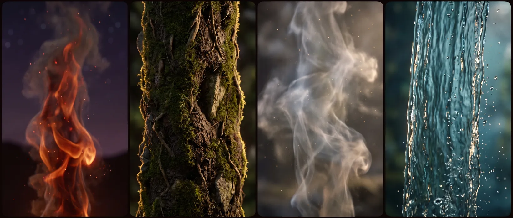 Die vier Elemente als Materialien nebeneinander: Feuer, Erde, Luft und Wasser