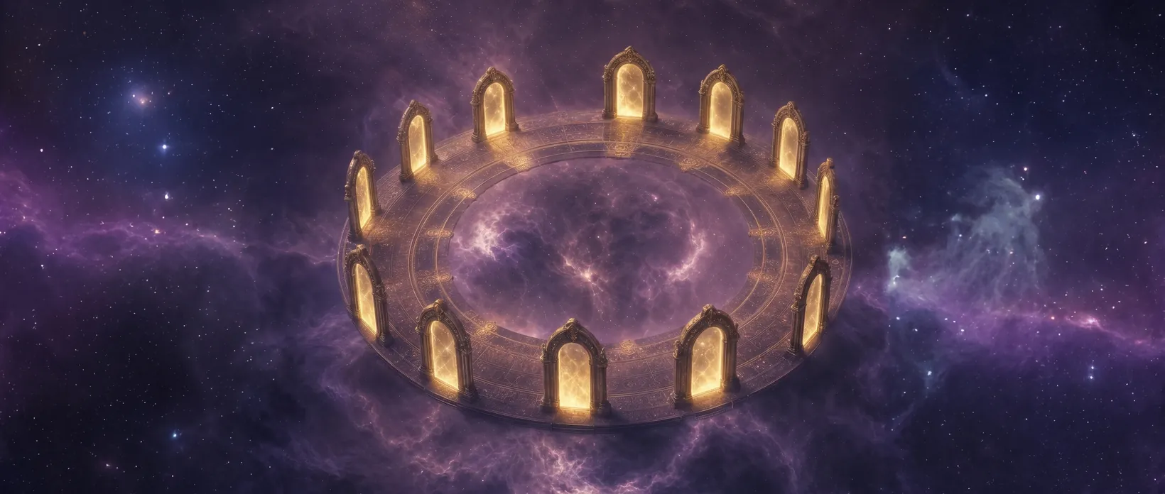 Zwölf beleuchtete Torbögen in einem Kreis - Sinnbild für die zwölf Häuser des Horoskops