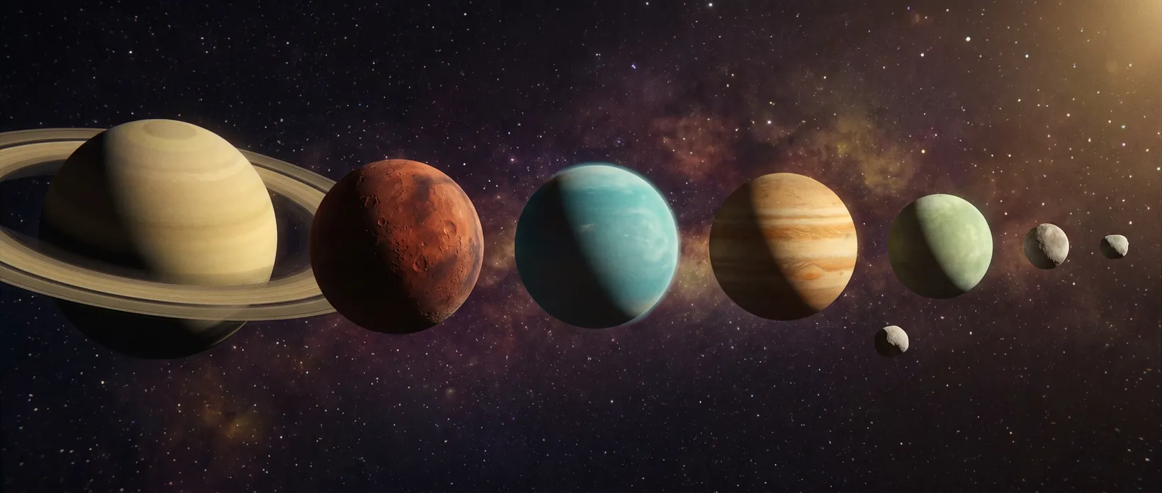 Sieben Planeten unterschiedlicher Größe und Farbe vor einem Sternenfeld