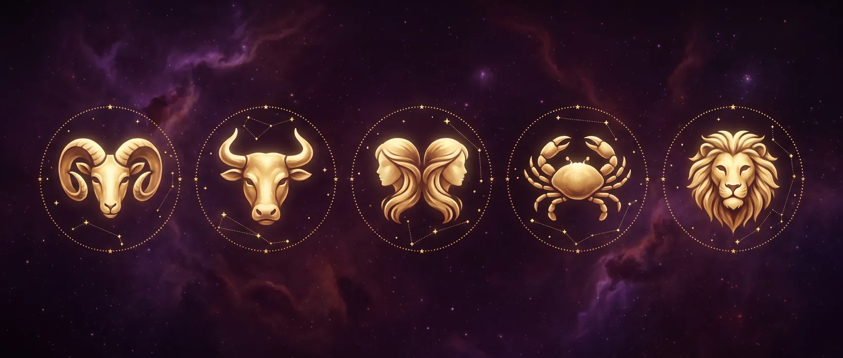 Fünf Tierkreiszeichen als goldene Sinnbilder auf Aubergine: Widder, Stier, Zwillinge, Krebs und Löwe