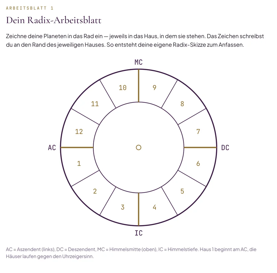 Seite aus dem Heft: ein leeres Radix-Rad mit zw&ouml;lf nummerierten H&auml;usern und den Achsen AC, DC, MC und IC zum Eintragen der eigenen Planeten