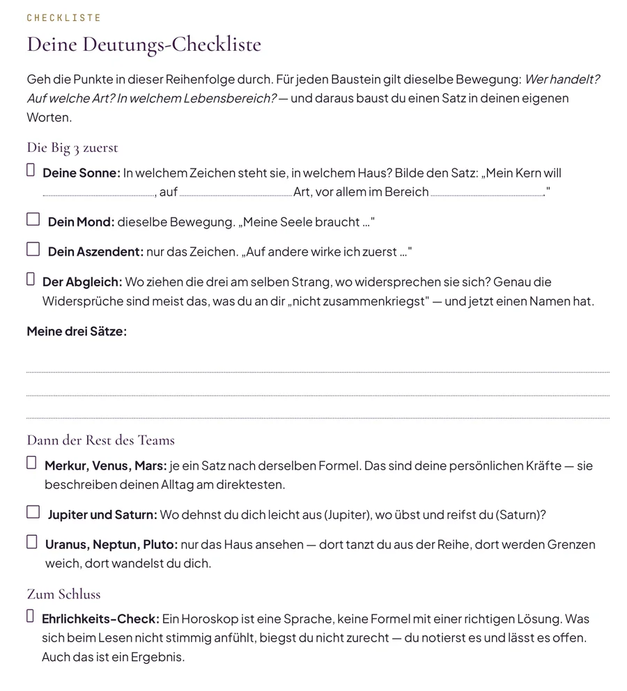 Seite aus dem Heft: eine Deutungs-Checkliste mit Ankreuzk&auml;stchen und Linien, auf denen eigene S&auml;tze notiert werden