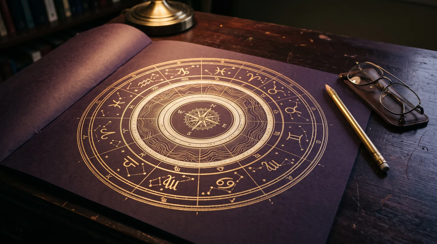 Horoskop als Landkarte: goldenes Tierkreis-Rad mit Kompassrose auf Aubergine-Papier, daneben Brille und Stift