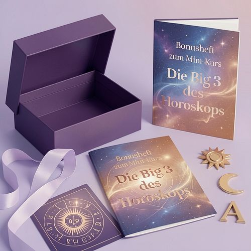 Bonusheft zum Mini-Kurs Die Big 3 des Horoskops, auf flieder-farbener Box mit goldenen Astro-Symbolen